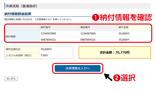 納付情報照会結果／納付情報をご確認のうえ「決済情報を入力へ」を押してください。