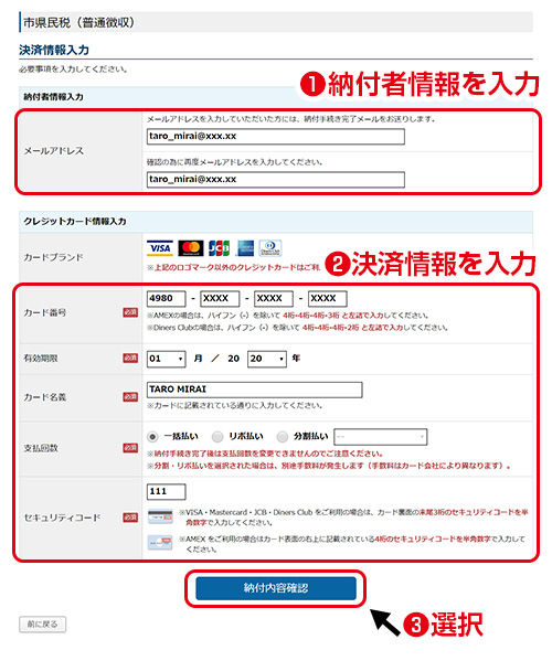 決済情報入力／納付者情報・決済情報を入力し、入力内容をご確認のうえ「納付内容確認」を押してください。